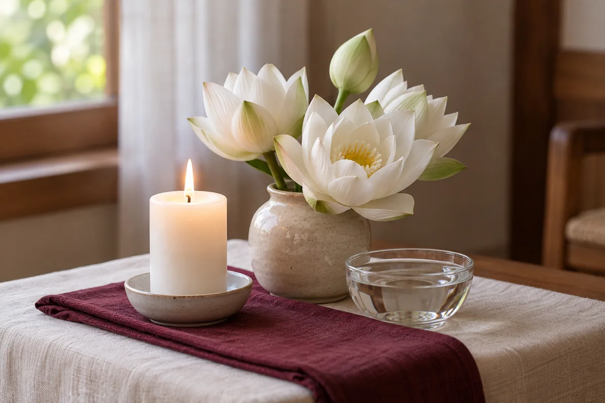 Illustrative image of white flowers, a candle and clear water for quiet remembrance